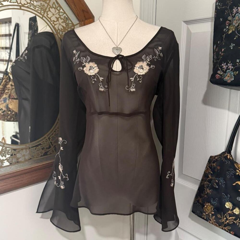 New York & Company Sheer Dark Brown & Ivory Floral Embroidered Bell Sleeve Top